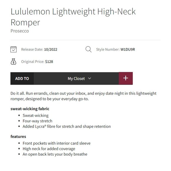 Lululemon | NWT | Lightweight High-Neck Romper | Prosecco | Size 12 - Picture 6 of 8